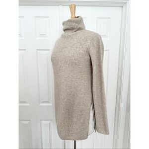 Vince Gray Knit Side Slit Cashmere Funnel Neck Oatmeal Tunic Sweater S